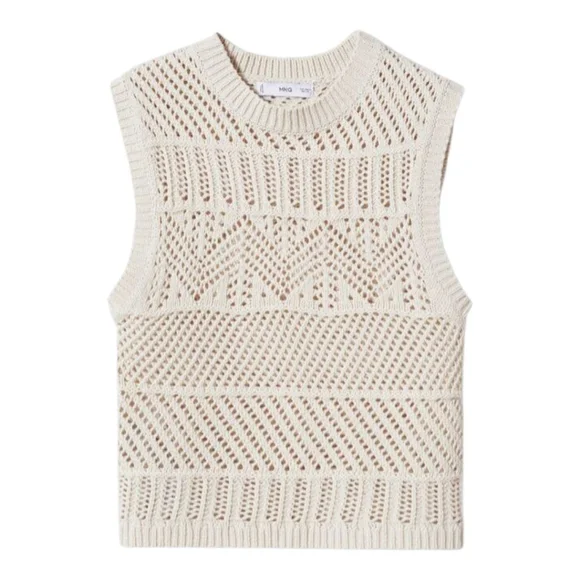 MNG Mango Ecru Open Knit Cotton Poly Blend Sweater Vest - Picture 7 of 16